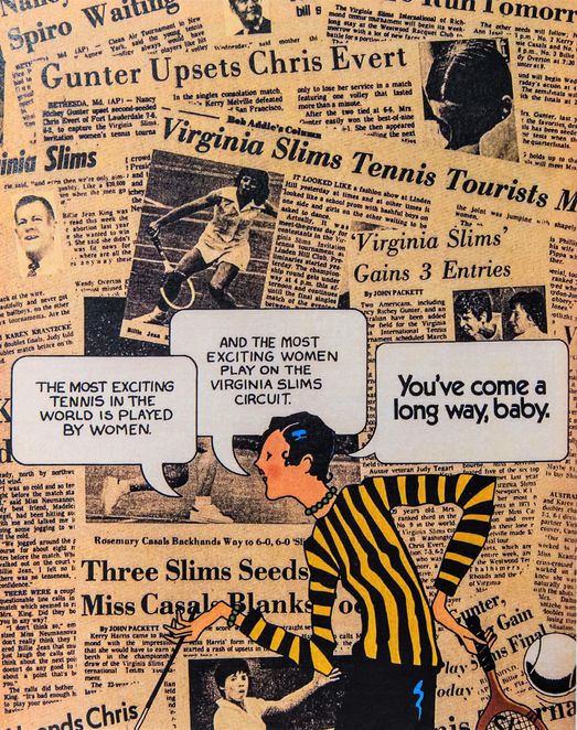 A Virginia Slims Circuit press kit cover highlights media interest in the burgeoning women’s tour – and the controversial part played by a tobacco company.