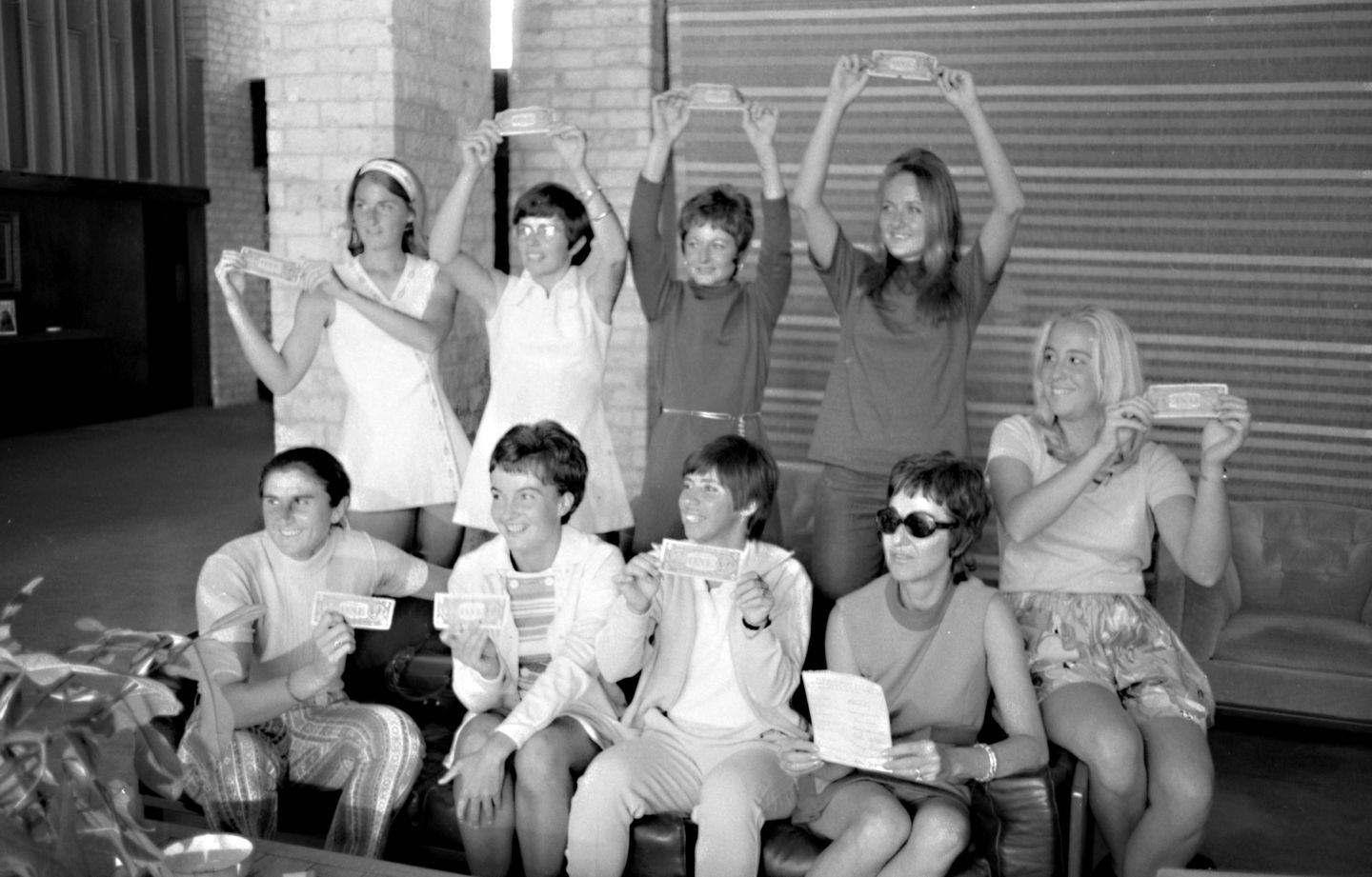 The moment women’s professional tennis was born. Clockwise from top left: Valerie Ziegenfuss, Billie Jean King, Nancy Richey, Peaches Bartkowicz, Kristy Pigeon, Gladys Heldman, Rosie Casals, Kerry Melville Reid & Judy Dalton