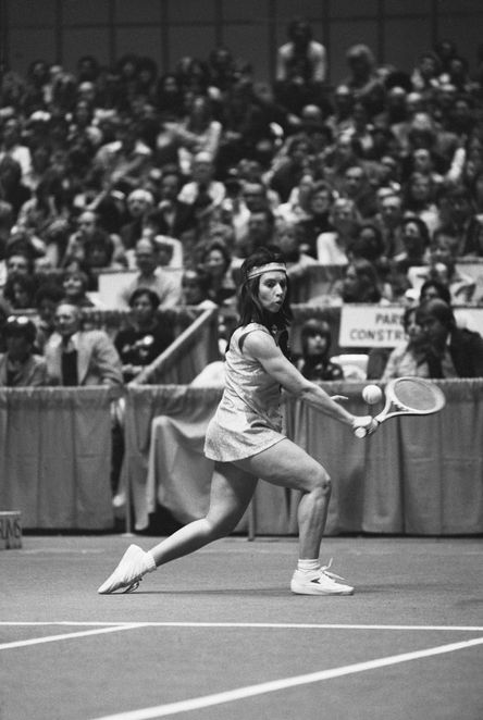Indoor venues were a feature of the groundbreaking circuit, shifting the game from its country club roots and heightening the sense of sport as showbusiness. Here, Rosie Casals does battle in Detroit, Michigan