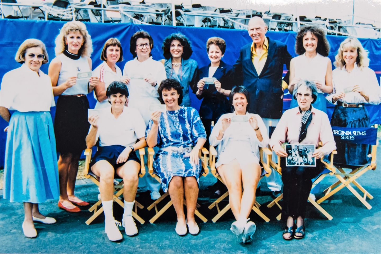 From left, standing: Tour umpire and referee, Lee Jackson, Ziegenfuss, French star Francoise Durr, King, Ellen Merlo, Nancy Richey, Ted Tinling, Bartkowicz, Pigeon. Seated, from left: Dalton, Melville Reid, Casals, Heldman.
