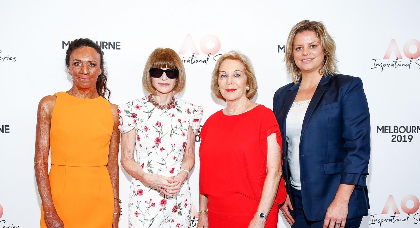 Kim Clijsters attended the AO Inspirational Series brunch, along with author and motivational speaker Turia Pitt, Australian publishing doyenne Ita Buttrose and keynote speaker Dame Anna Wintour. (Getty Images)