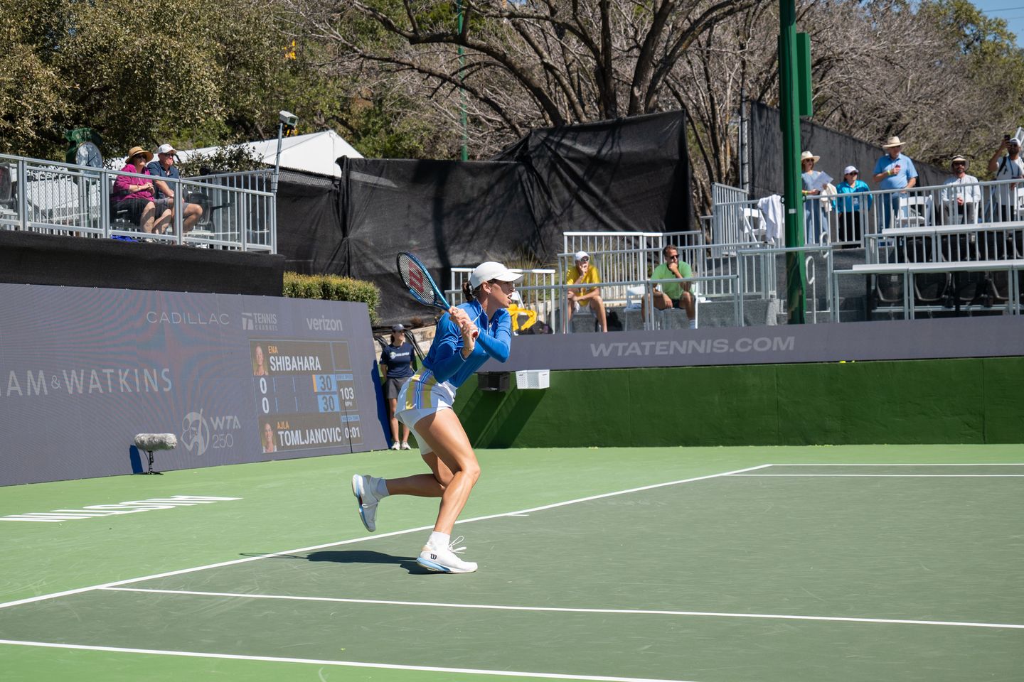 Ajla Tomljanovic held her first match point over Ena Shibahara in the Austin quarterfinals up 5-2 in the decider, but needed to save one against her in the tiebreak before converting her eighth for a 7-5, 3-6, 7-6(8) win.